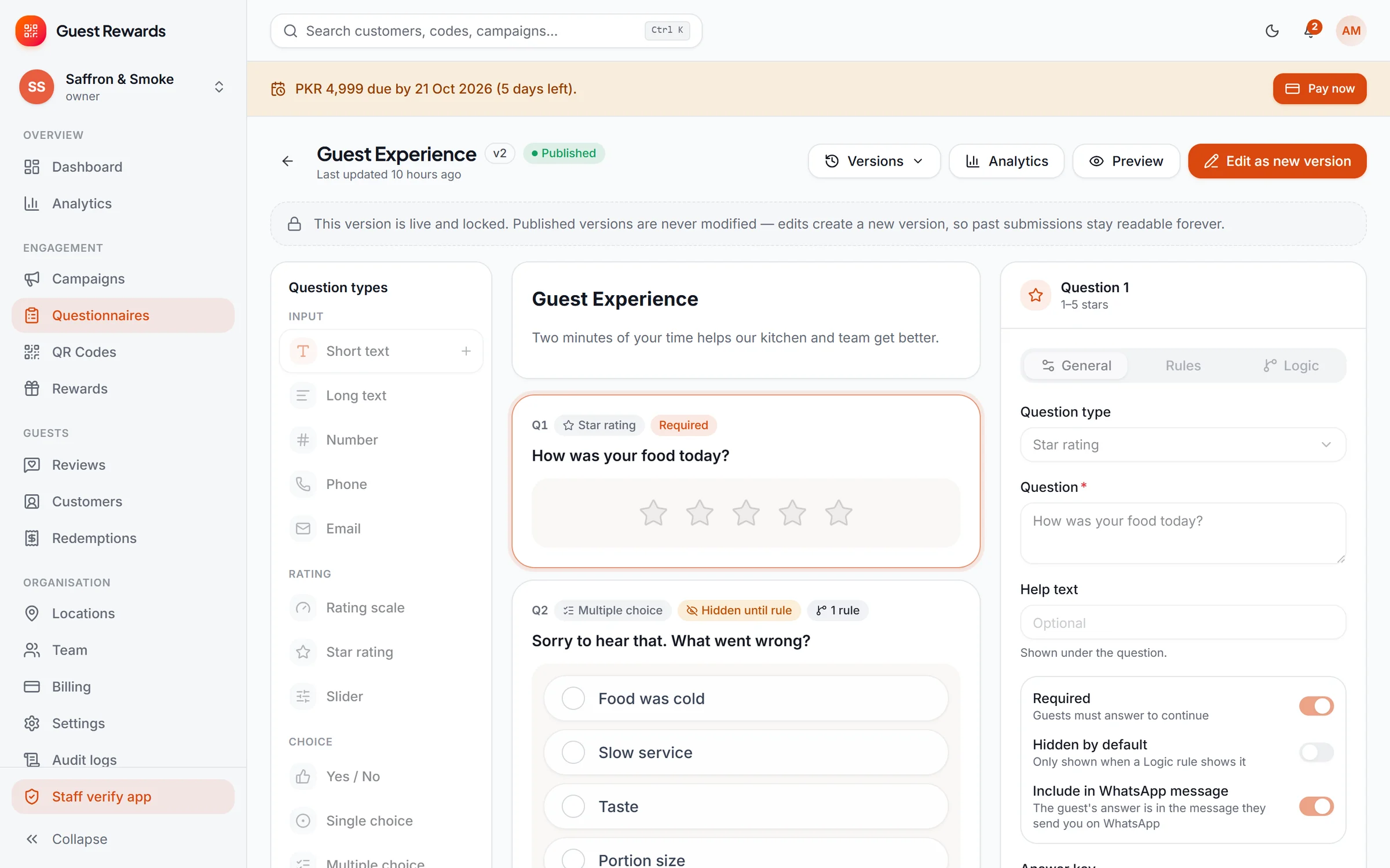 Questionnaire builder with question types, logic rules, versions and properties panel