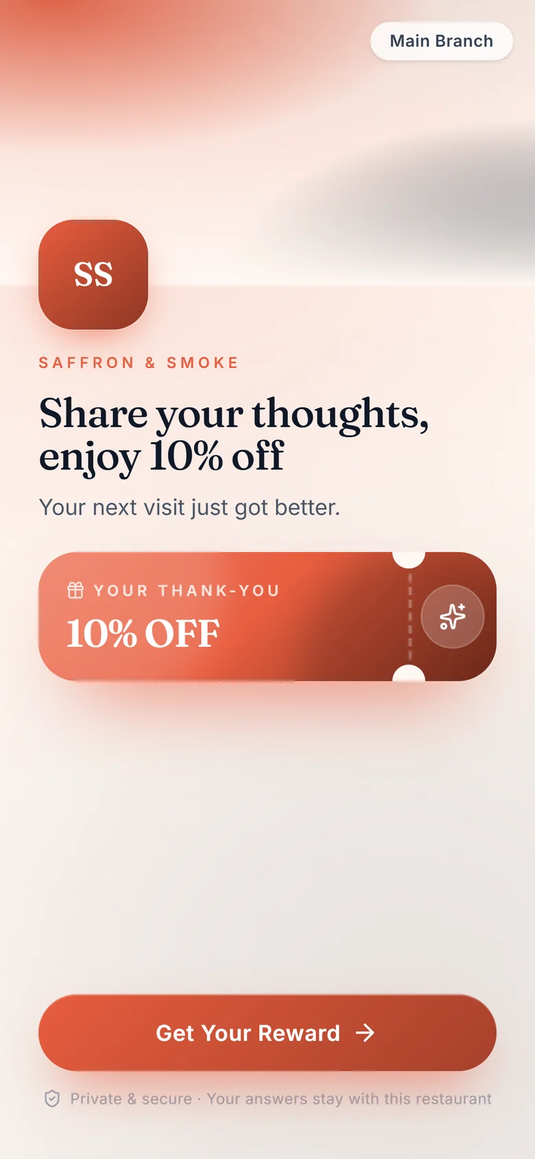 Guest welcome screen after scanning a QR code, offering 10% off for feedback