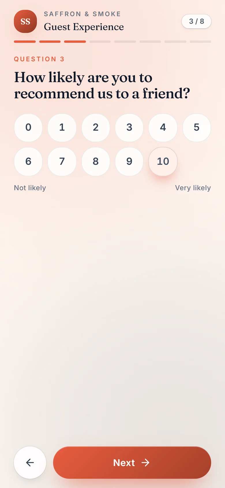 Guest questionnaire — 0 to 10 recommendation question