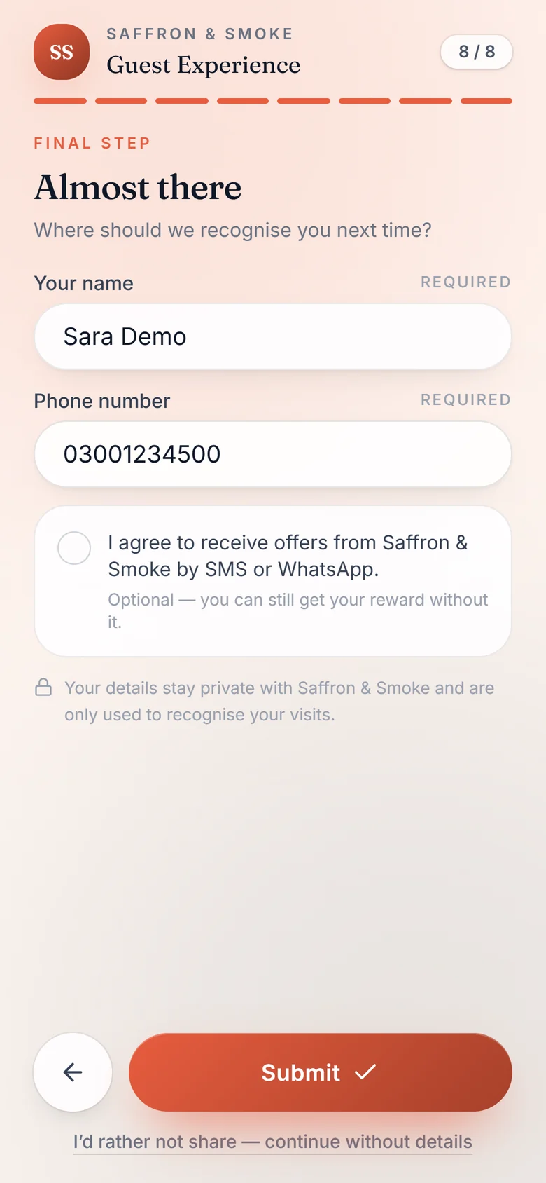 Guest contact step with name, phone and optional marketing consent