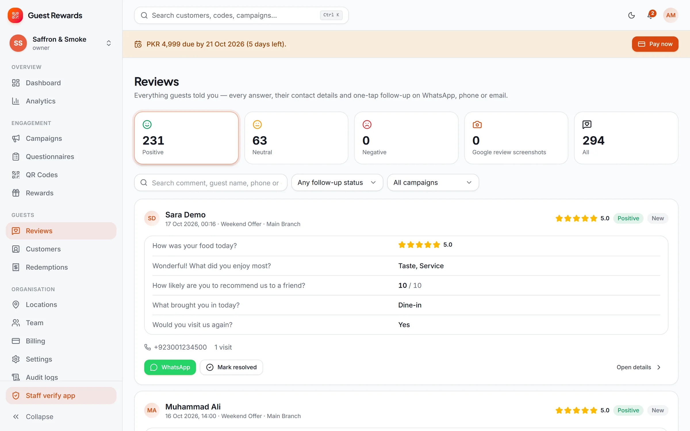Reviews inbox showing a guest’s answers, rating, phone number and WhatsApp follow-up