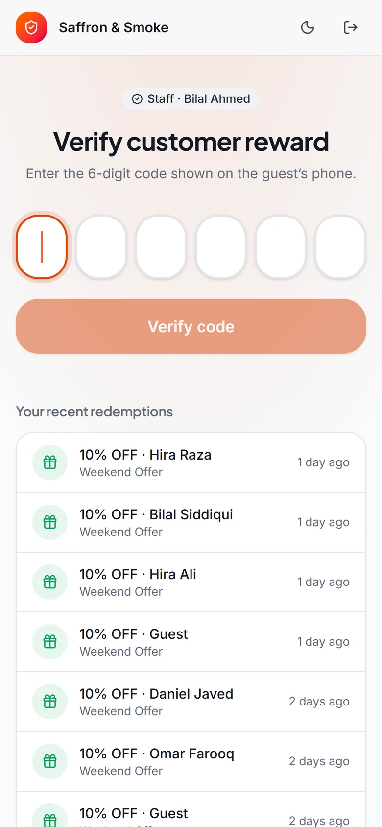 Staff verify app — enter the guest’s 6-digit code