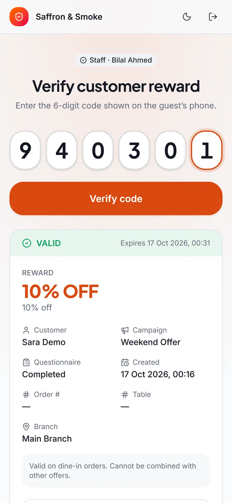 Staff verify app showing a valid reward, the guest and the campaign