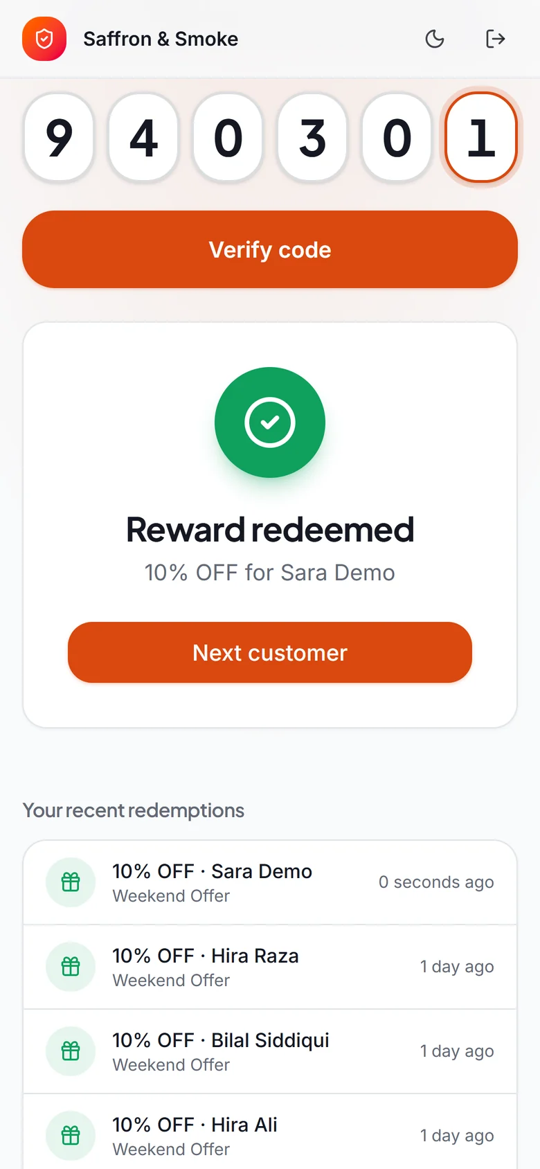 Staff verify app confirming the reward was redeemed
