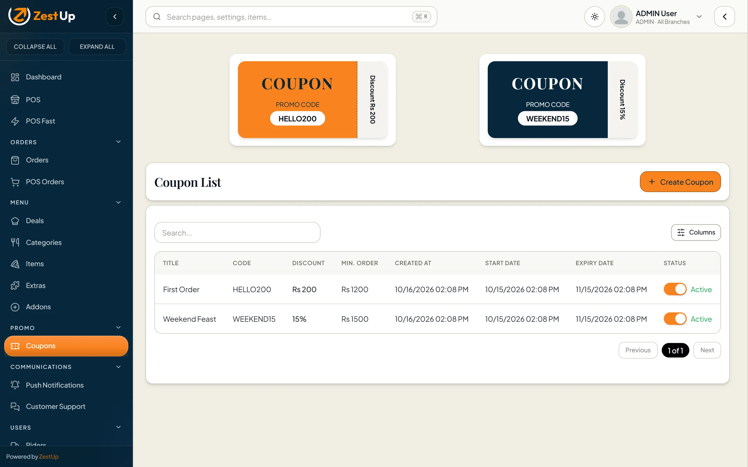 Coupons list with discount type, limits and validity