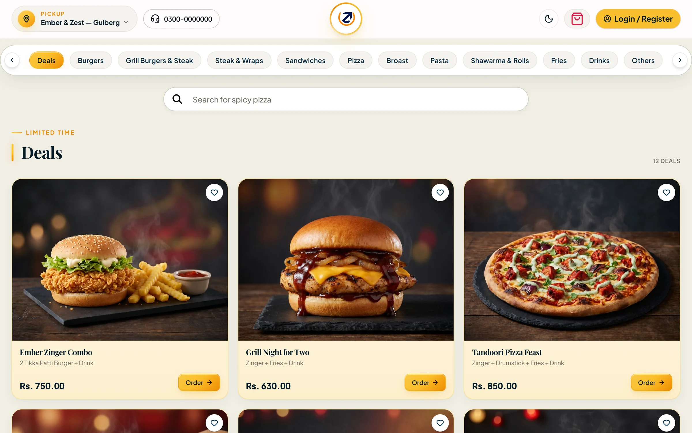 Storefront in the Classic design — warm cream menu with deal cards