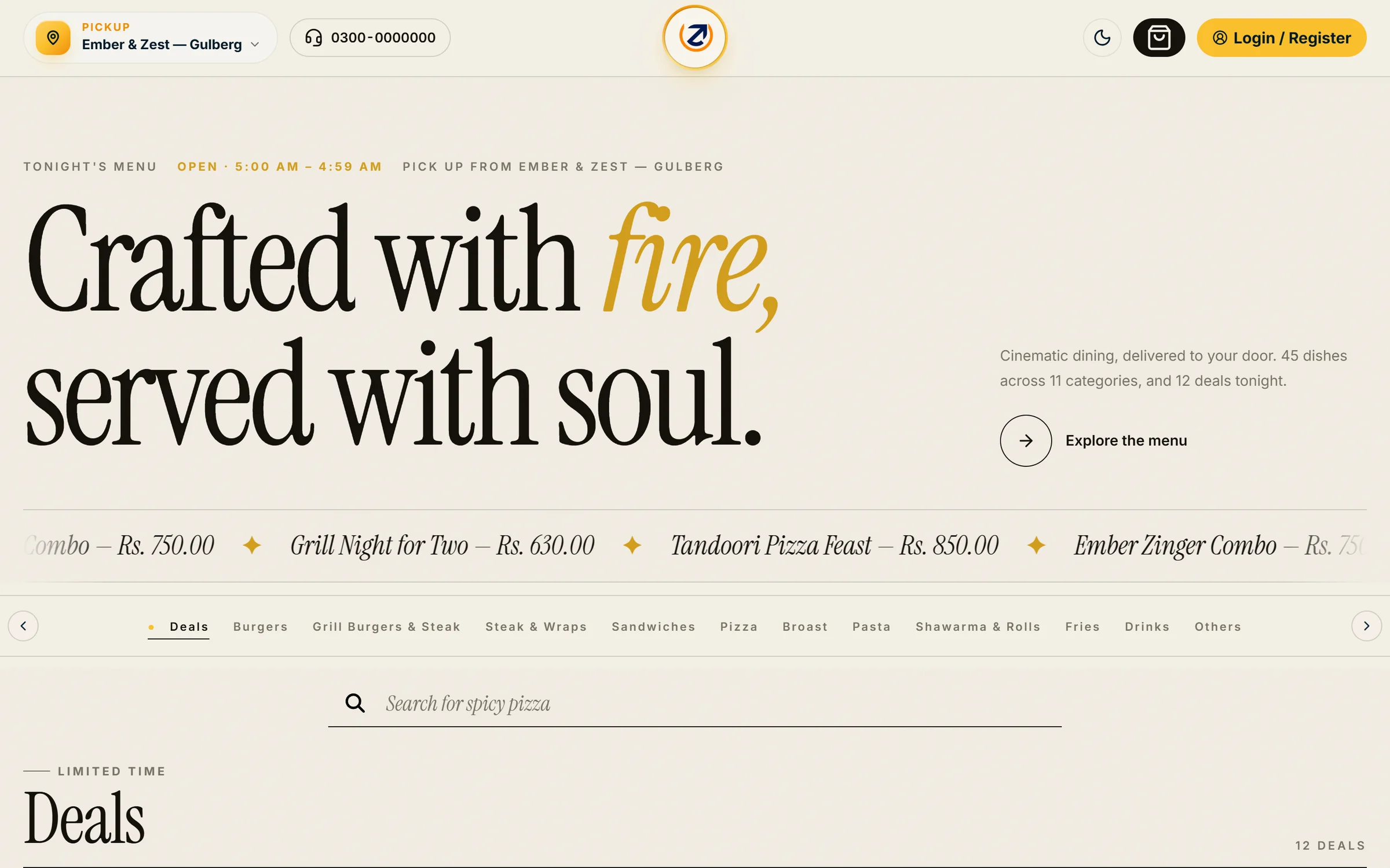 Storefront in the Editorial Menu design — magazine serif headline and a price ribbon