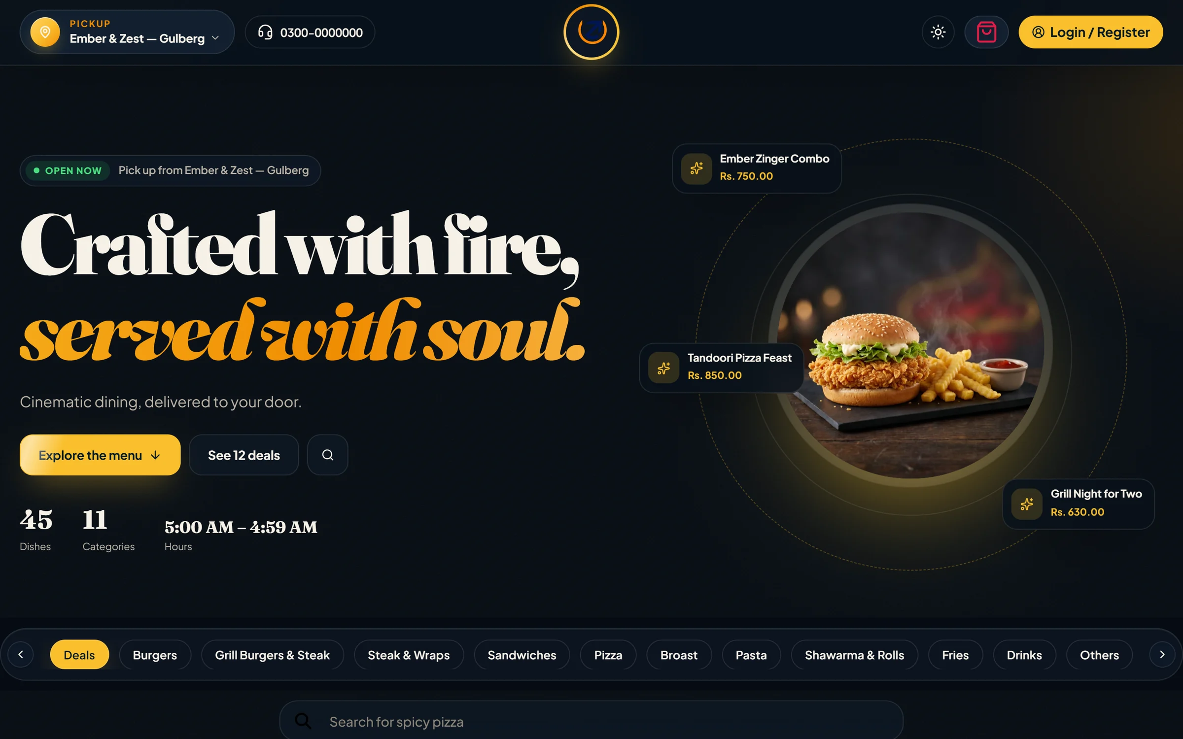 Storefront in the Midnight Kitchen design — dark hero with the signature dish in a spotlight