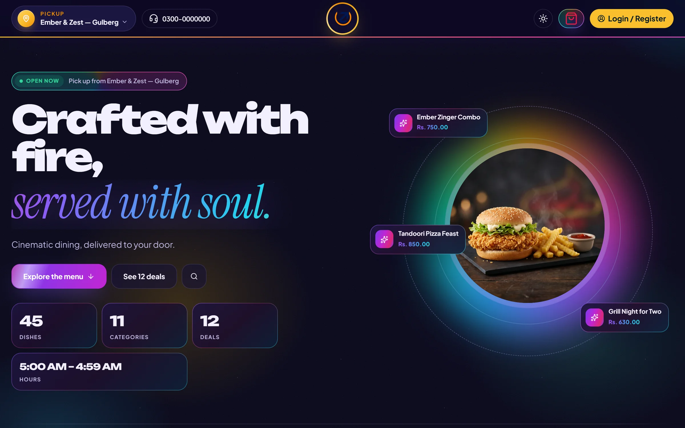 Storefront in the Ultra Super design — neon gradient ring around the signature dish