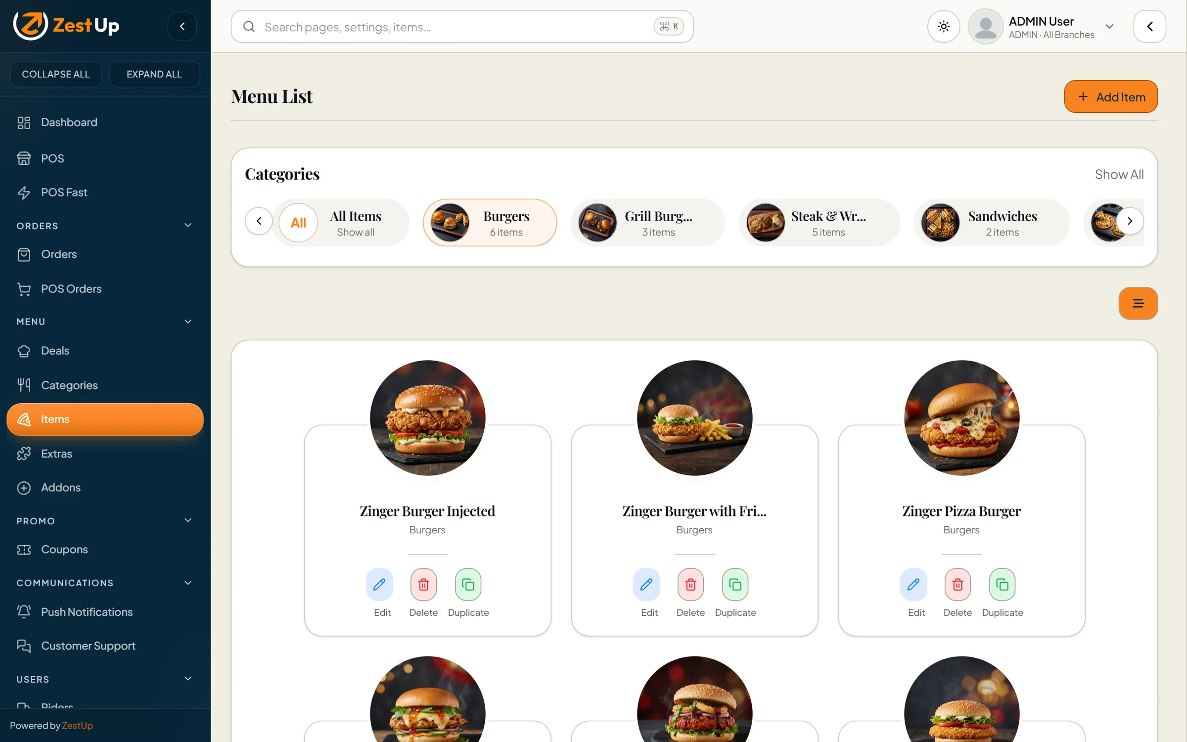 Menu items list in the admin console