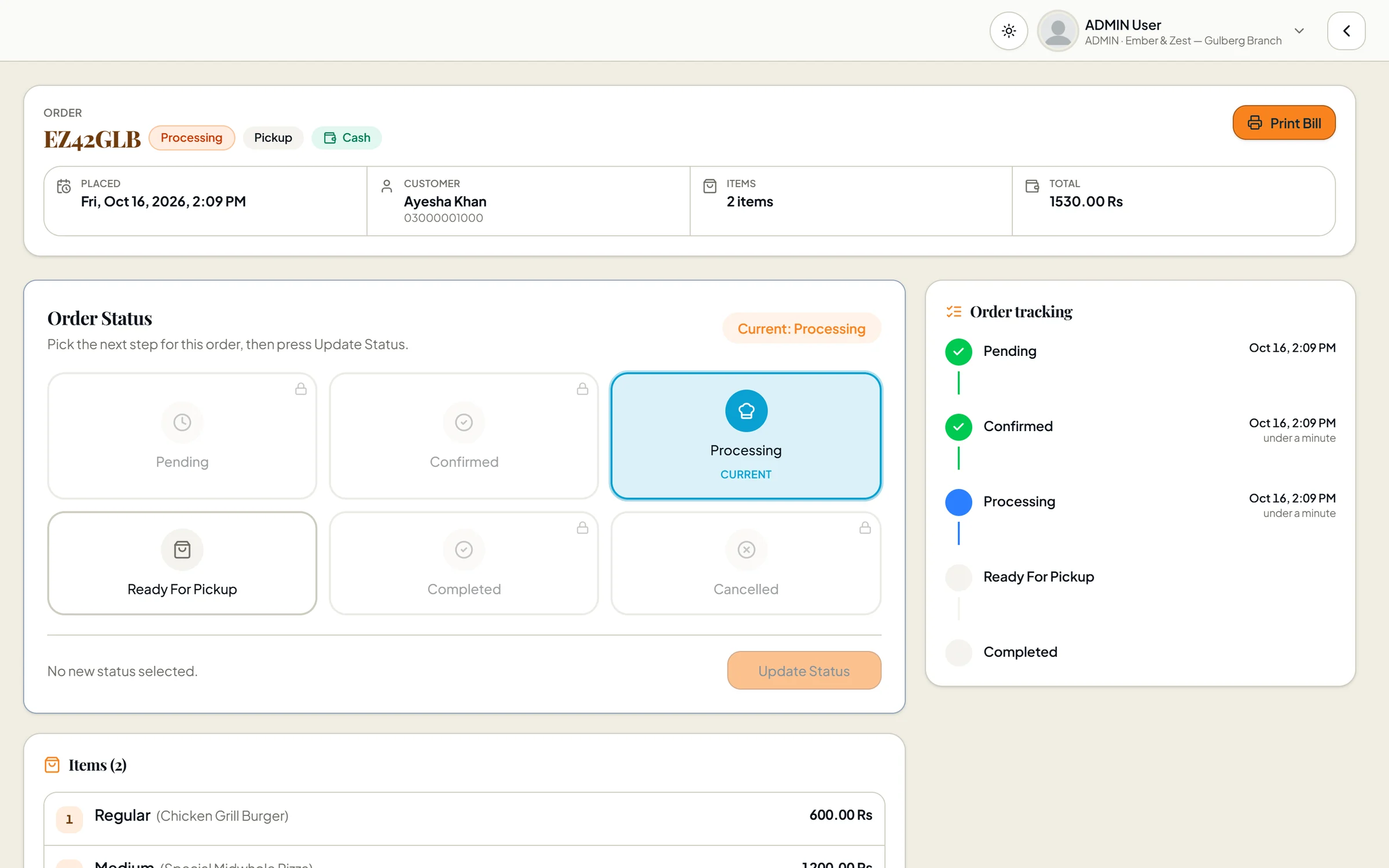 Order details with the status board and a timestamped order-tracking timeline