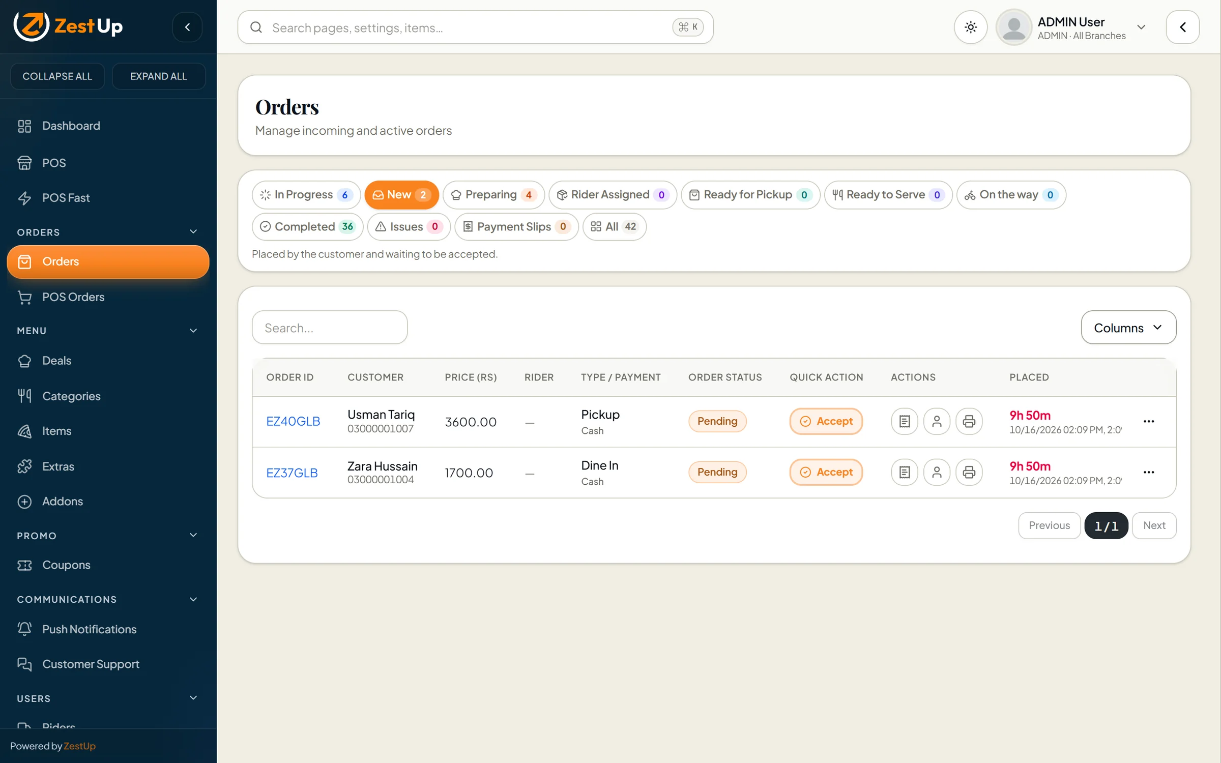 Orders screen with status tabs, new orders waiting to be accepted and quick actions
