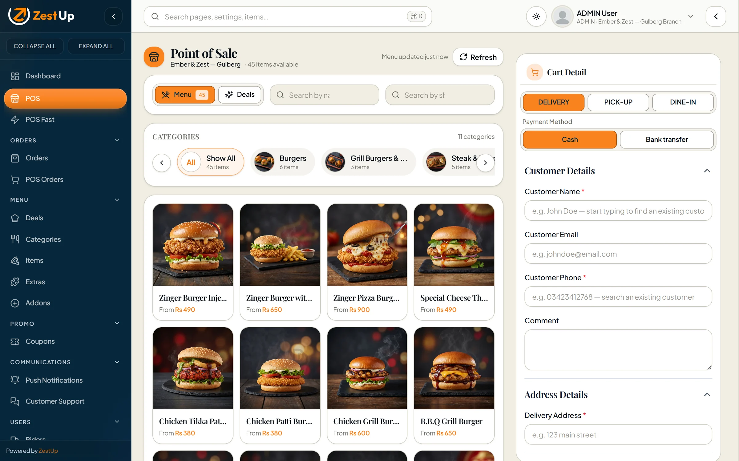 Point-of-sale till with the branch menu, categories and cart details