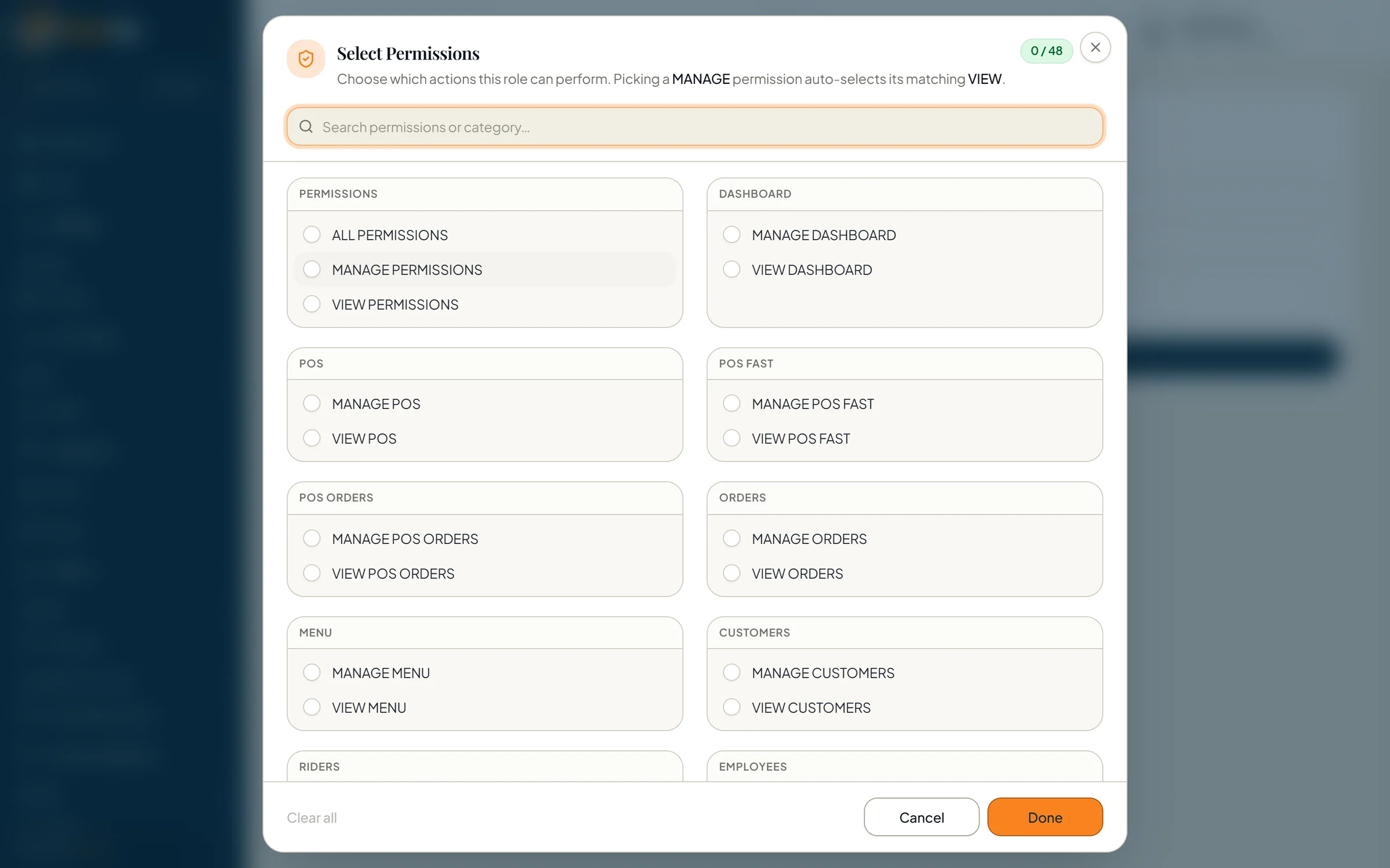 Role editor showing granular view and manage permissions