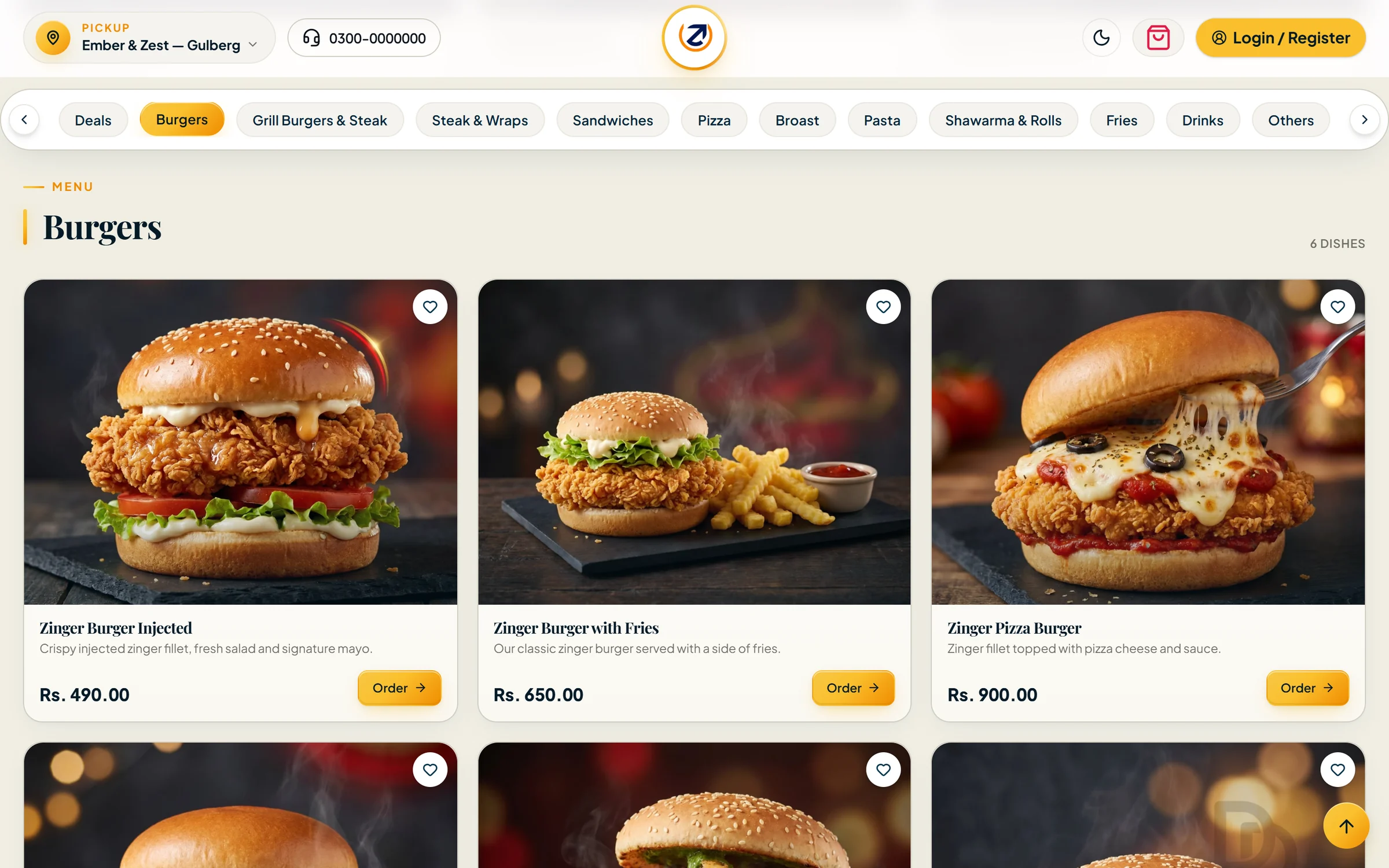 Customer storefront on desktop showing the burgers category with photos and prices